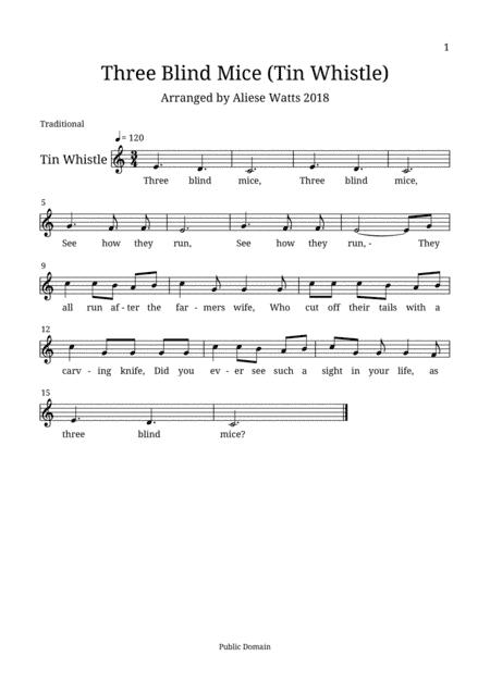 Three Blind Mice (Tin Whistle) (arr. Aliese Watts)