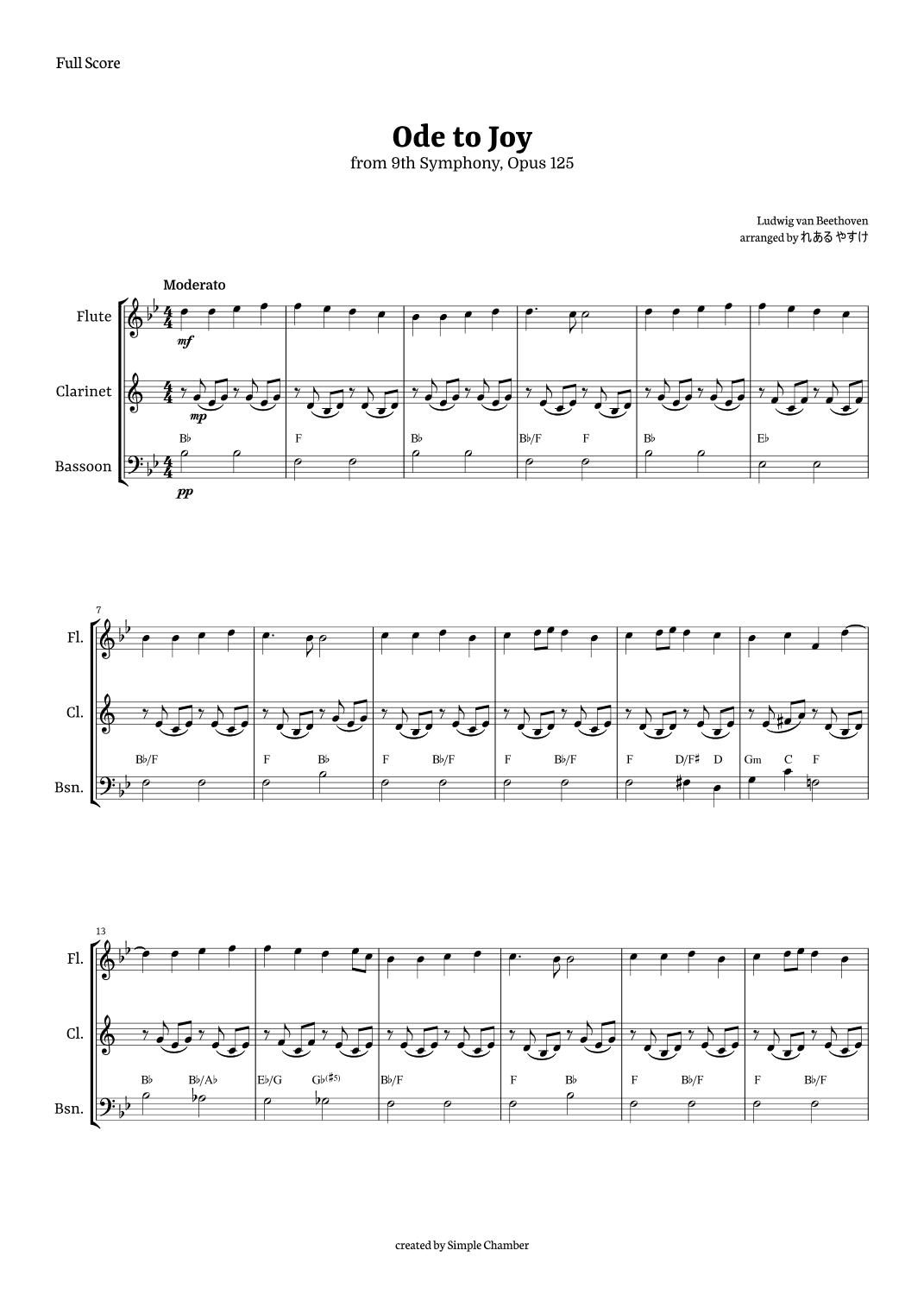 Ode to Joy for Woodwind Trio by Beethoven Opus 125 (arr. れある やすけ)