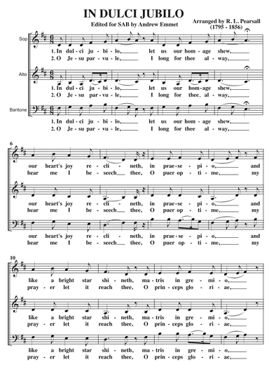 In Dulci Jubilo A Cappella SAB (arr. Arranged by R. L. Pearsall (1795 - 1856) Edited for SAB by Andrew Emmet)