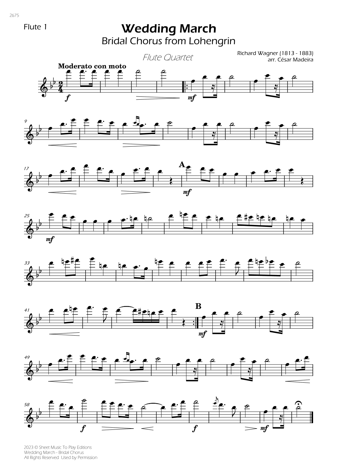 Wedding March (Bridal Chorus) - Flute Quartet (Individual Parts) (arr. César Madeira)