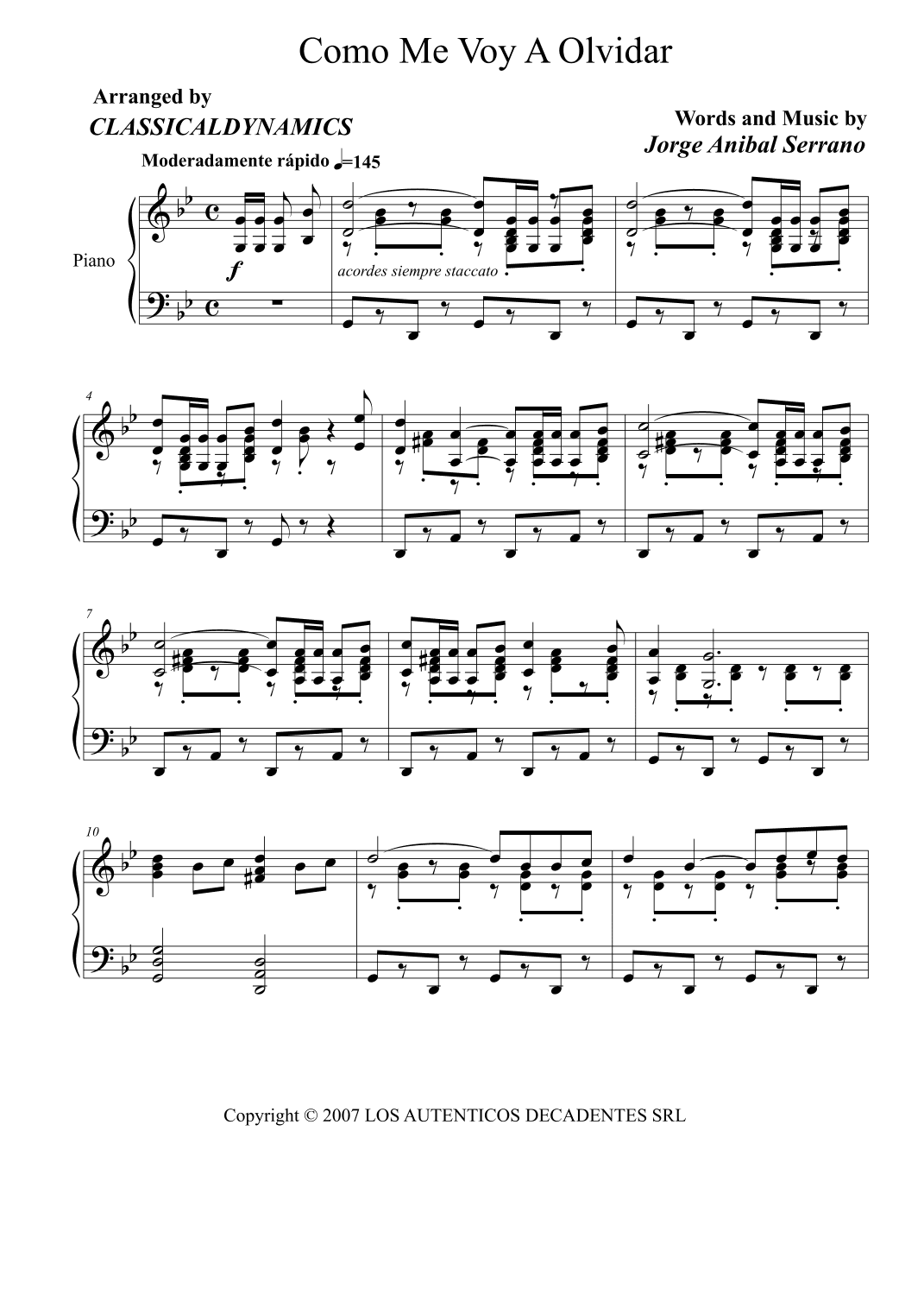 Como Me Voy A Olvidar (arr. ClassicalDynamics)