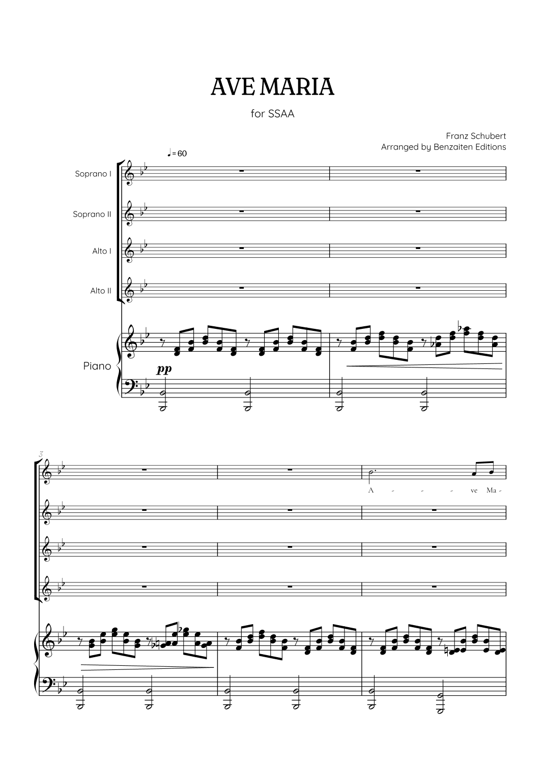 Schubert Ave Maria • SSAA choir sheet music with piano accompaniment (arr. Benzaiten Editions)