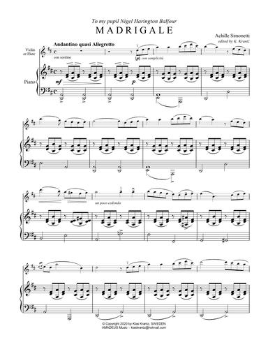 Madrigale for flute or violin and piano (arr. K. Krantz)