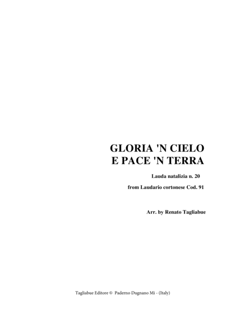 GLORIA 'N CIELO E PACE 'N TERRA - From Laudario Cortonese - For SATB Choir (arr. Renato Tagliabue)