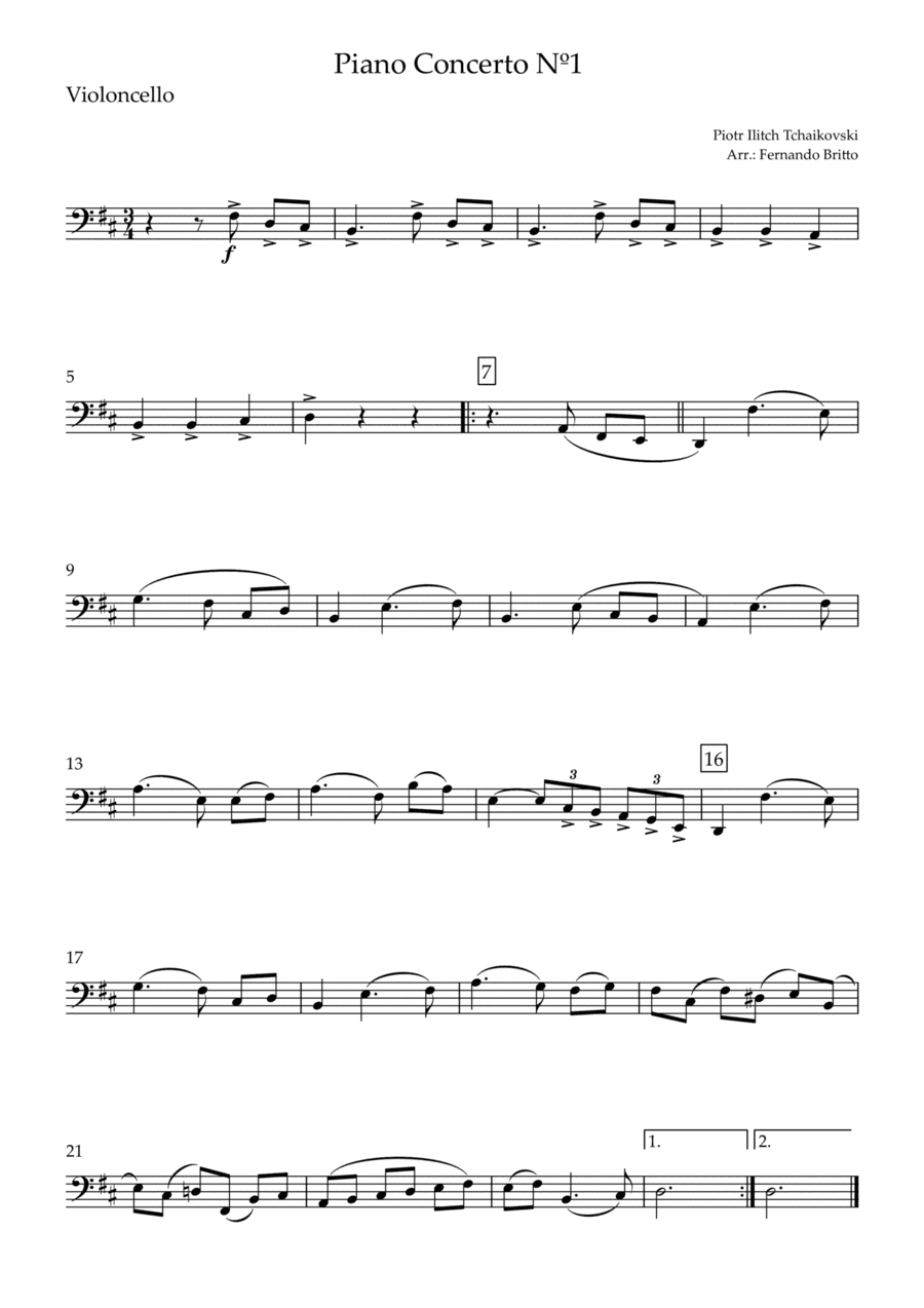 Piano Concerto Nº 1 - 1st Mov. Theme (P. Tchaikovsky) for Cello Solo (D Major) (arr. Fernando Britto)
