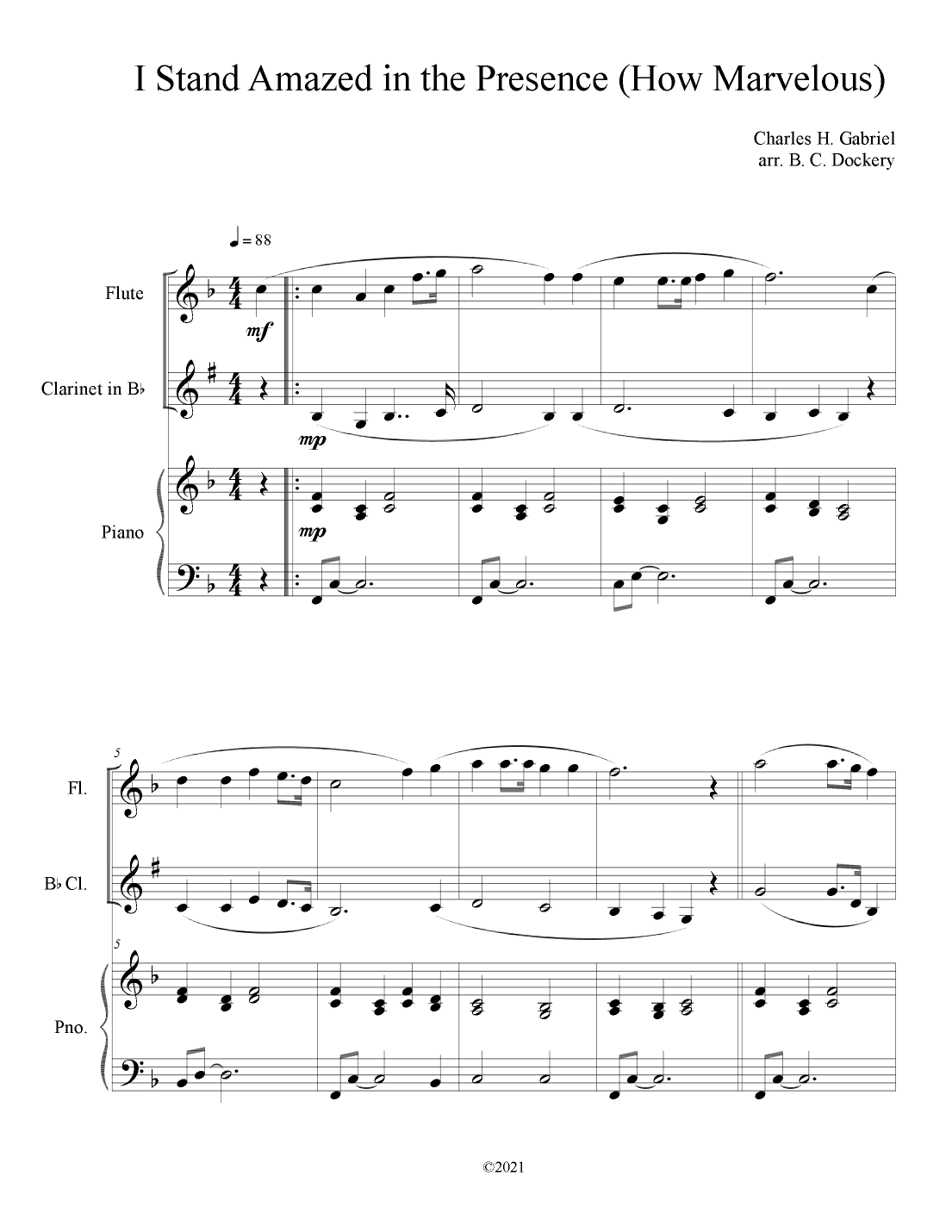 I Stand Amazed in the Presence (How Marvelous) for Flute and Clarinet Duet with Piano Accompaniment (arr. B. C. Dockery)