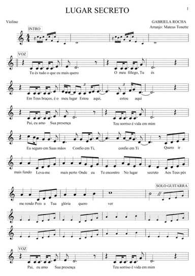 Lugar Secreto - Gabriela Rocha - Partitura para Violino (arr. Mateus Tonette)