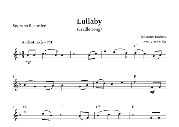 Brahms Lullaby - Soprano Recorder (solo) (arr. Vitor Melo)
