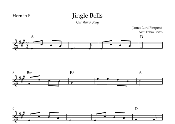Jingle Bells (Christmas Song) for Horn in F Solo with Chords (arr. Fabio Britto)