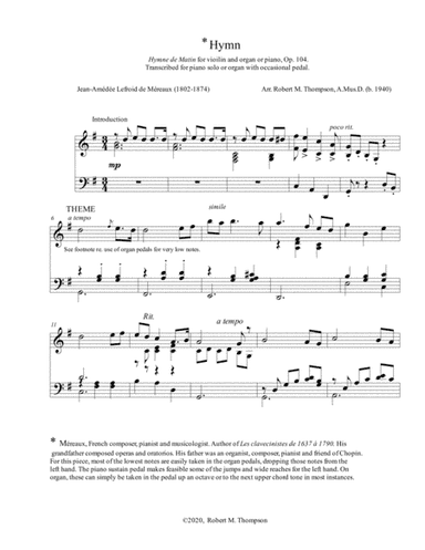 "Hymne de Matin" by 19th Century French composer, transcribed for organ or piano (arr. Robert M. Thompson, A.Mus.D. (b. 1940))
