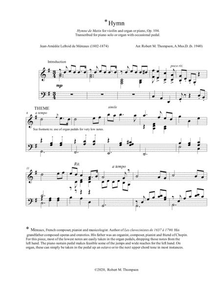 "Hymne de Matin" by 19th Century French composer, transcribed for organ or piano (arr. Robert M. Thompson, A.Mus.D. (b. 1940))