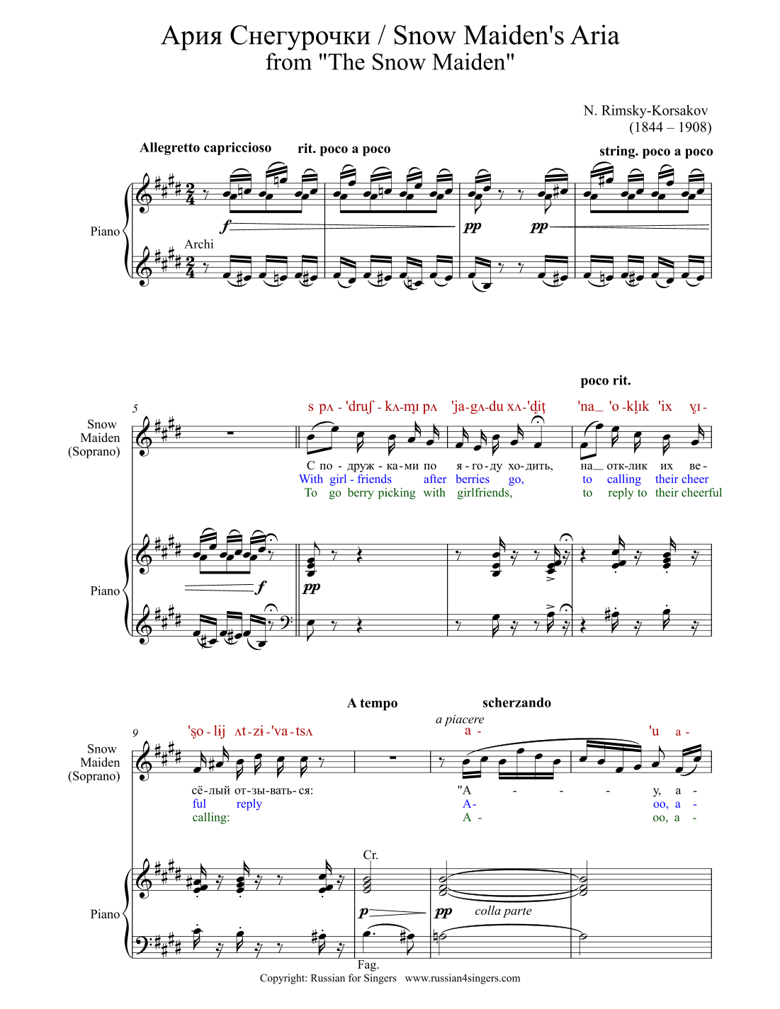 "Snowmaiden": "Snow Maiden's Aria". DICTION SCORE w IPA & translation (arr. Russian for Singers)