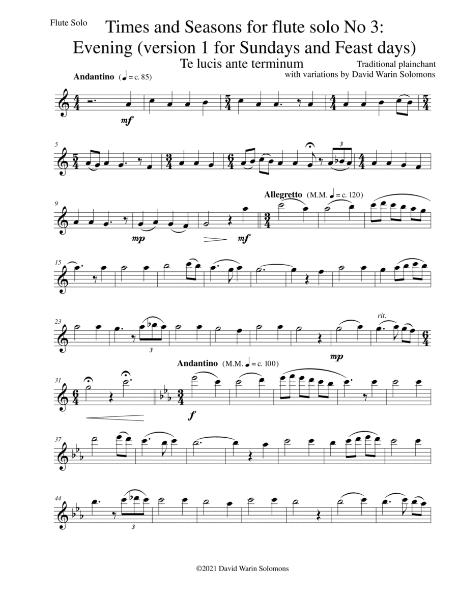 Times and Seasons for flute solo No 3: Evening (version 1 for Sundays and Feast days) (arr. David Warin Solomons)