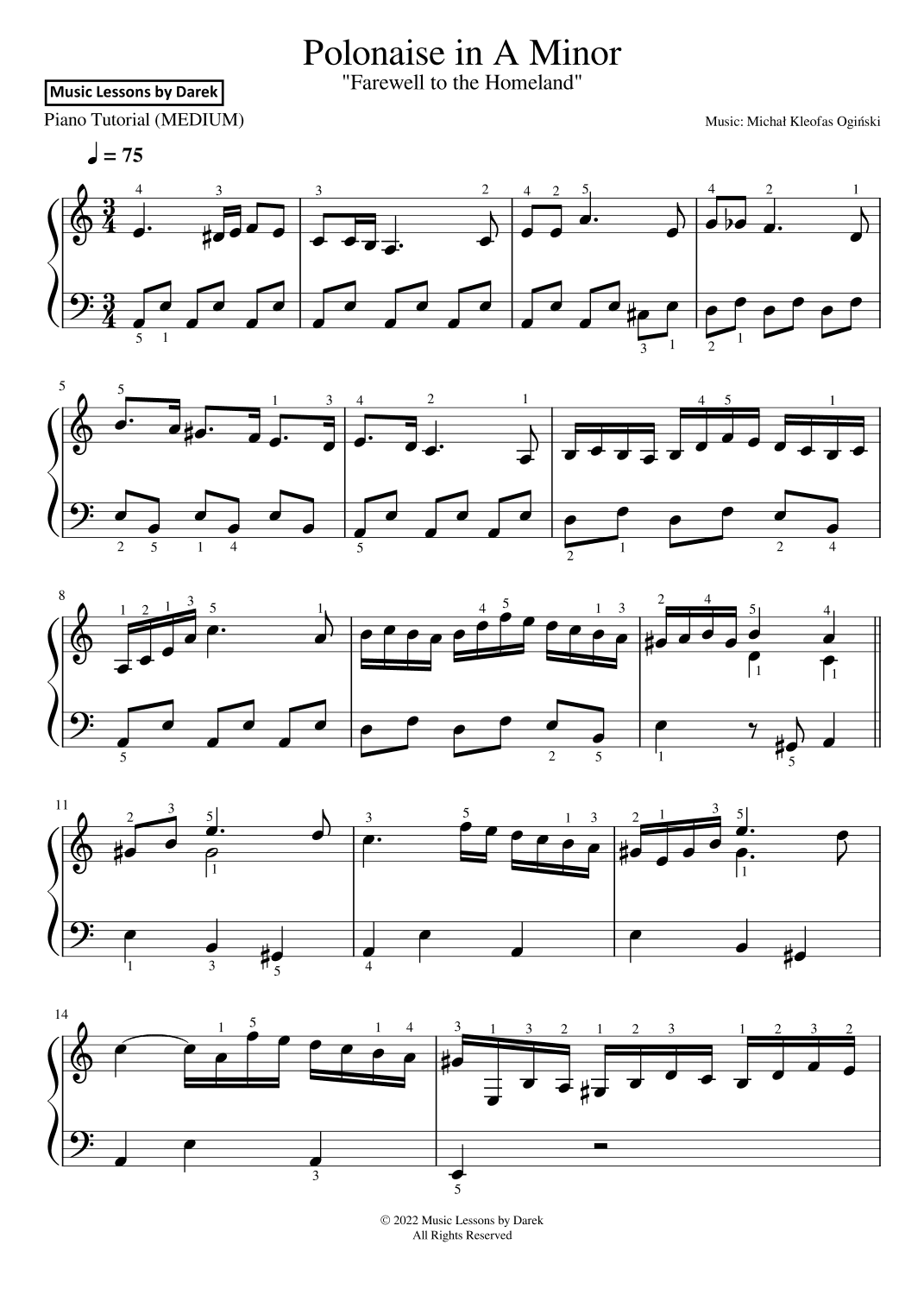 Polonaise in A Minor (MEDIUM PIANO) "Farewell to the Homeland" [Michal Kleofas Oginski] (arr. Darek)