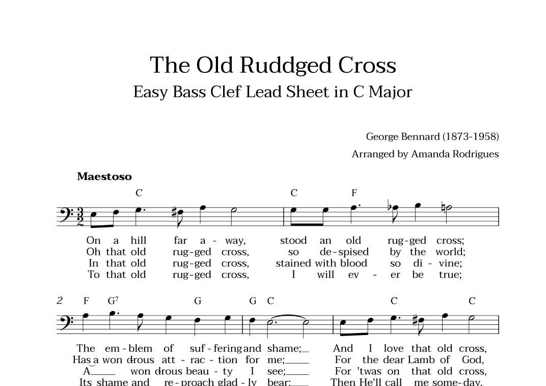 The Old Rugged Cross in C Major - Easy Bass Clef Lead Sheet (arr. Amanda Cerqueira Rodrigues)