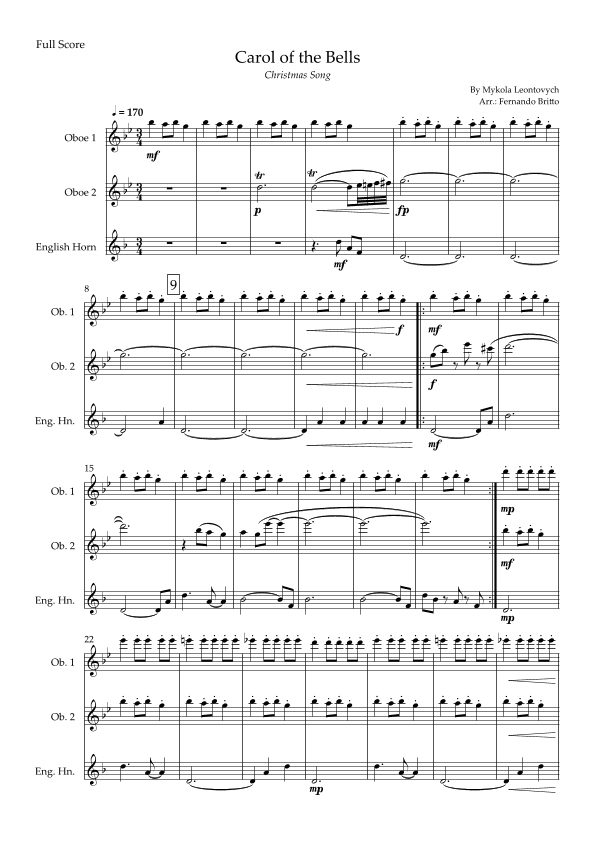 Carol of the Bells in Jazz Version (Christmas Song) for Woodwind Trio (arr. Fabio Britto)