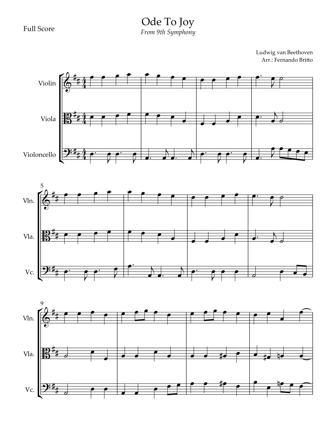 Ode To Joy Theme (from Beethoven's 9th Symphony) for String Trio (arr. Fernando Britto)