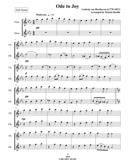 Ode to Joy - Flute and Oboe. Duet - Intermediate (arr. Dennis Ruello)