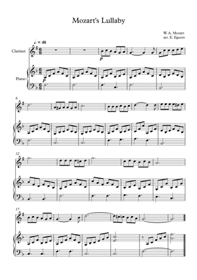 Mozart's Lullaby, For Clarinet & Piano