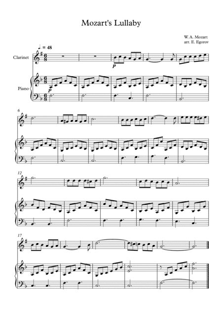 Mozart's Lullaby, For Clarinet & Piano