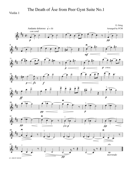 Grieg  The Death of Ase from Peer Gynt Suite No.1 , for string quartet, CG203 (arr. FCMUSIC)