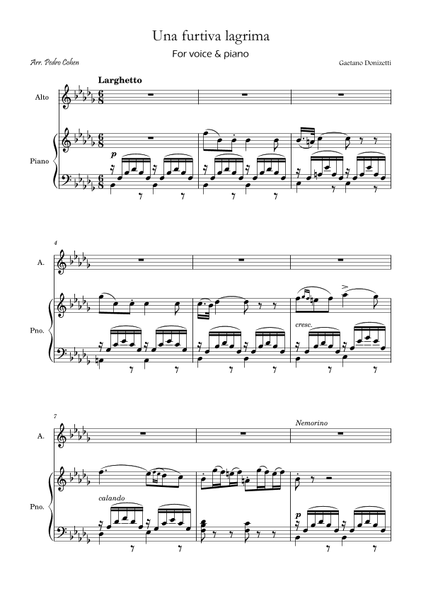 Una Furtiva Lagrima (For contralto in Bbm) (arr. Pedro Cohen)