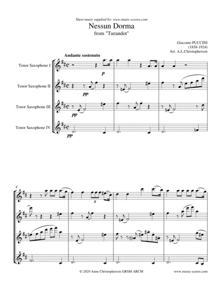 Nessun Dorma - Tenor Saxophone Quartet (arr. Anne Christopherson GRSM ARCM)