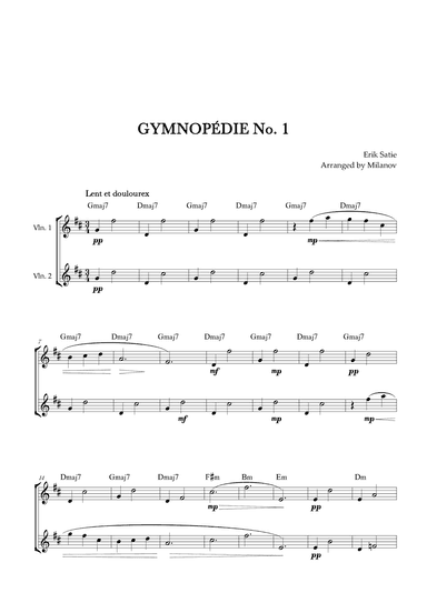 Gymnopédie no 1 | Violin Duet | Original Key | Chords | Easy intermediate (arr. Milanov)