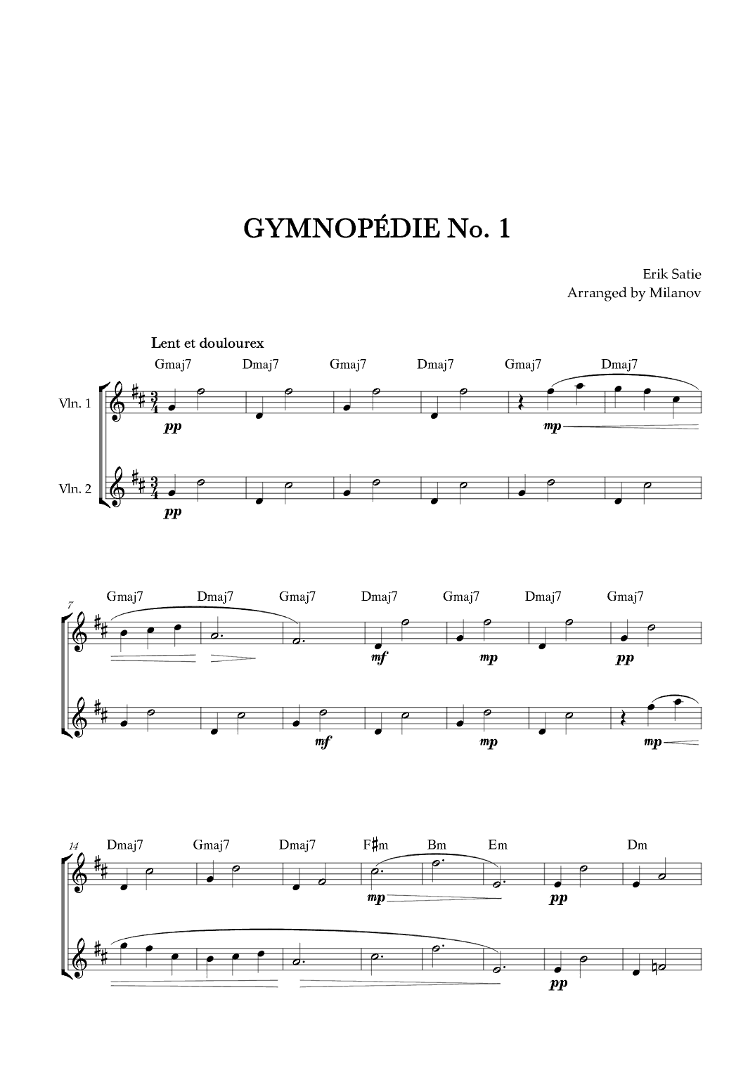 Gymnopédie no 1 | Violin Duet | Original Key | Chords | Easy intermediate (arr. Milanov)