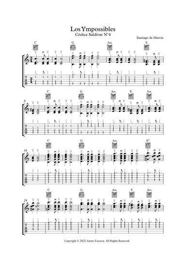 "Los Ympossibles" for guitar from "Codice Saldivar" No.4 - Notation and TAB (arr. Arturo Escorza)