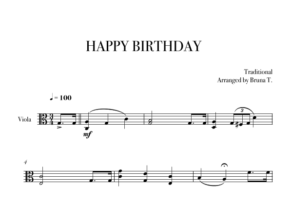 Happy Birthday (Viola) (arr. Bruna T.)