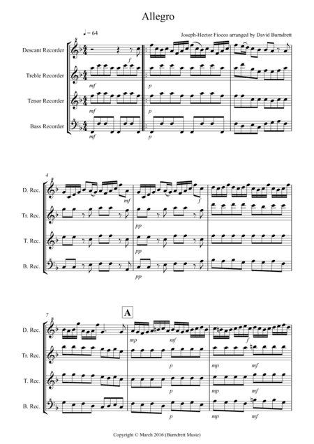 Allegro by Fiocco for Recorder Quartet (arr. David Burndrett)
