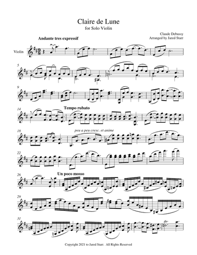 Claire de Lune for Solo Violin (arr. Jared Starr)