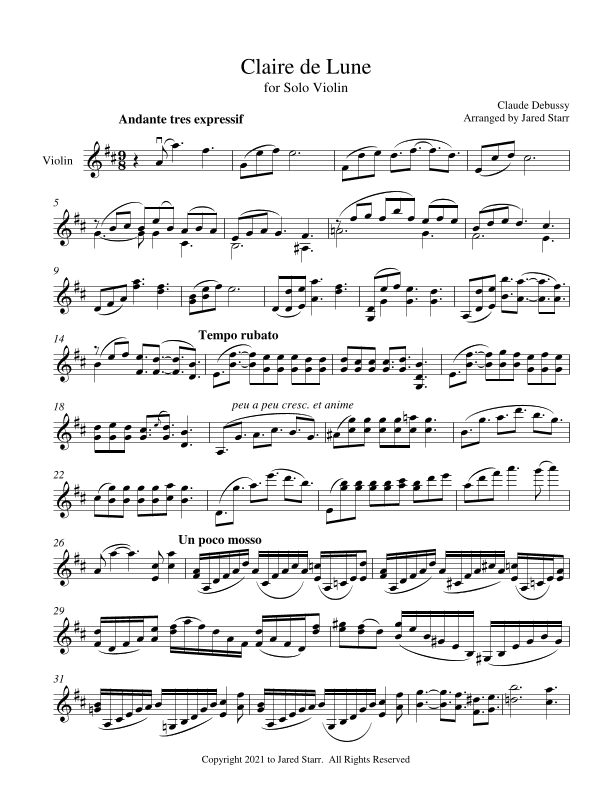 Claire de Lune for Solo Violin (arr. Jared Starr)