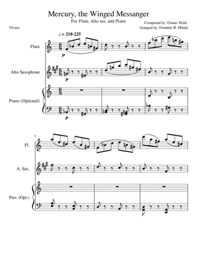 Mercury from "the planets" for flute, alto sax and piano. (optional) (arr. Dominic B. Minda)