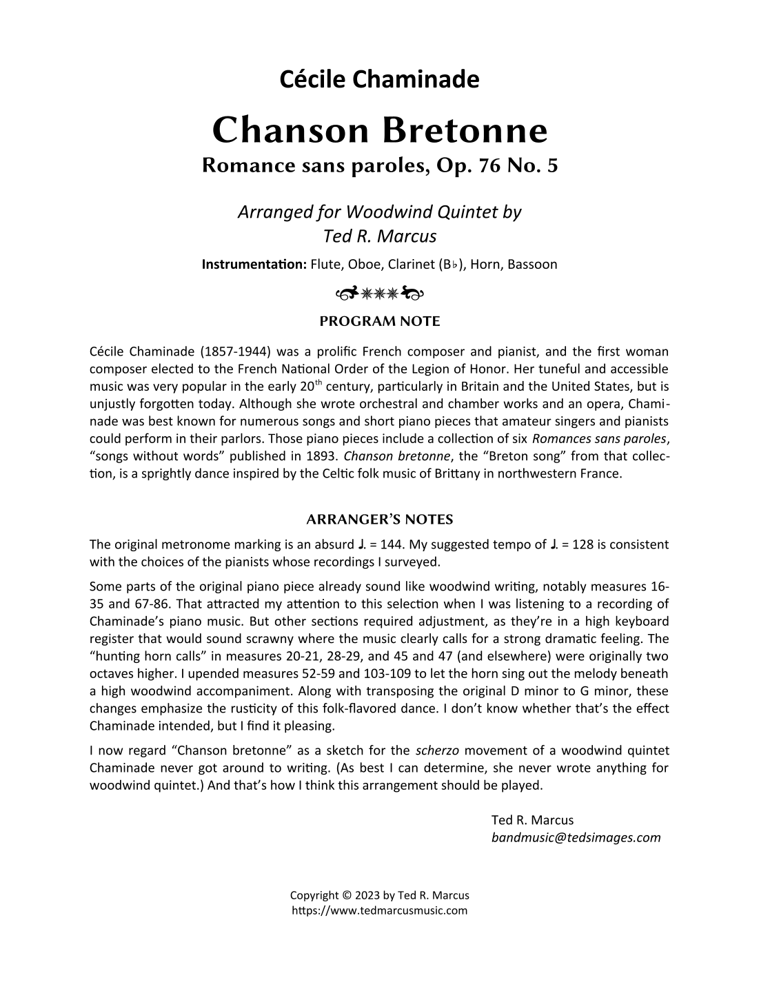 Chanson Bretonne, Op. 76 No. 5 for Woodwind Quintet (arr. Ted R. Marcus)