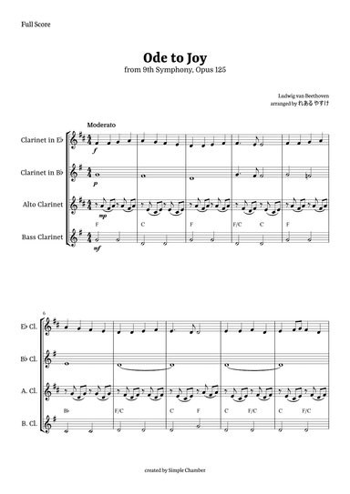 Ode to Joy for Clarinet Ensemble by Beethoven Opus 125 (arr. れある やすけ)