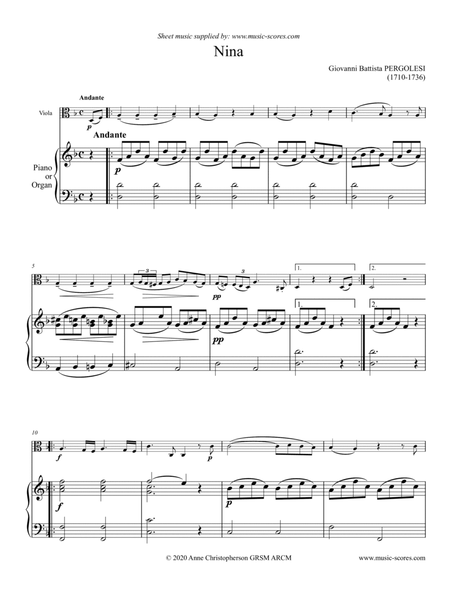 Nina - Viola and Piano/Organ (D minor) (arr. Anne L Christopherson GRSM ARCM)
