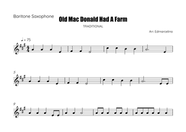 Old Mac Donald Had A Farm - Sheet Music to Saxophone Baritone Beginners (arr. Edmarcelino)