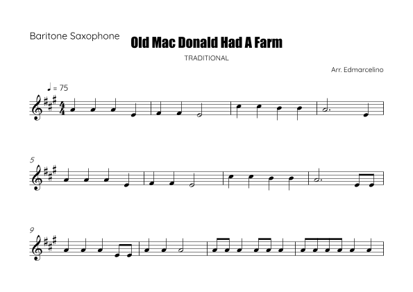 Old Mac Donald Had A Farm - Sheet Music to Saxophone Baritone Beginners (arr. Edmarcelino)