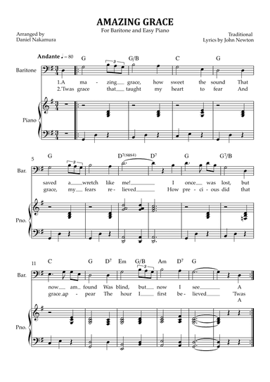 Amazing Grace (For Baritone Vocal with Easy Piano) (arr. Daniel Nakamura)