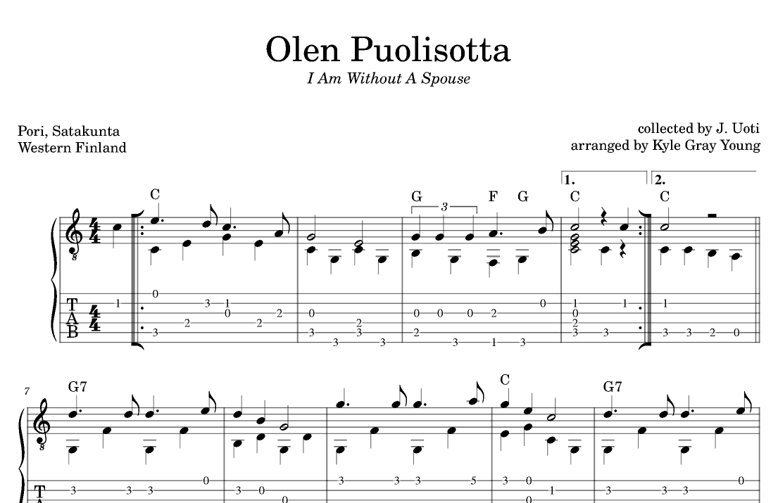 Olen Puolisotta (I Am Without A Spouse) (guitar tab) (arr. Kyle Gray Young)
