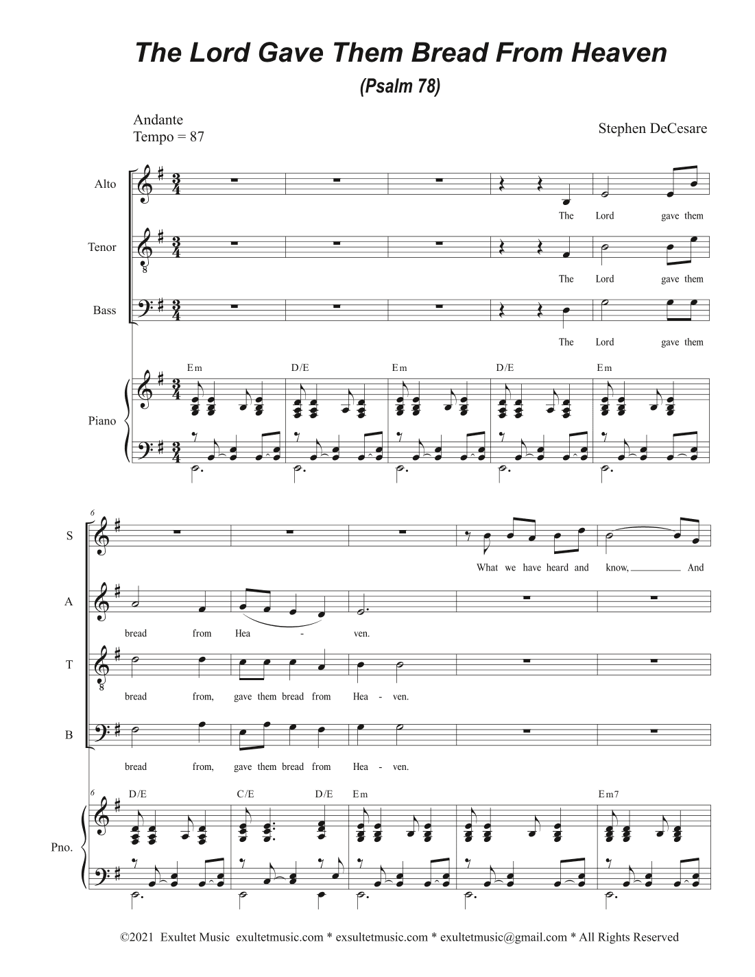 The Lord Gave Them Bread From Heaven (Psalm 78) (Vocal Quartet - (SATB)