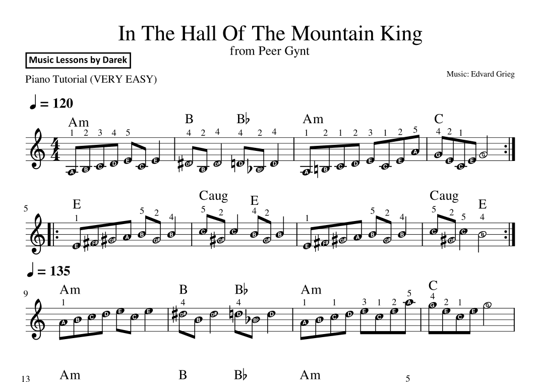 In The Hall Of The Mountain King (VERY EASY PIANO) from Peer Gynt [Edvard Grieg] (arr. Darek)