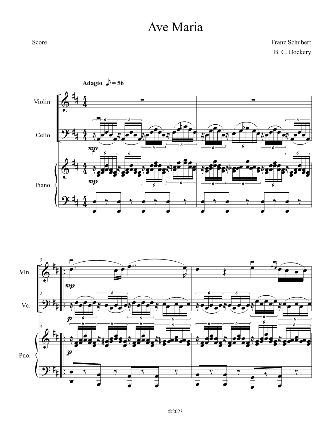 Ave Maria (Violin and Cello Duet with Piano Accompaniment) (arr. B. C. Dockery)