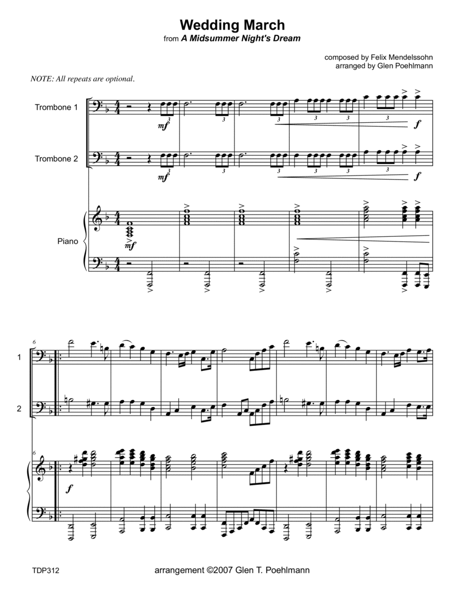 WEDDING MARCH (Mendelssohn) - TROMBONE DUET with Piano accompaniment (arr. Glen Poehlmann)