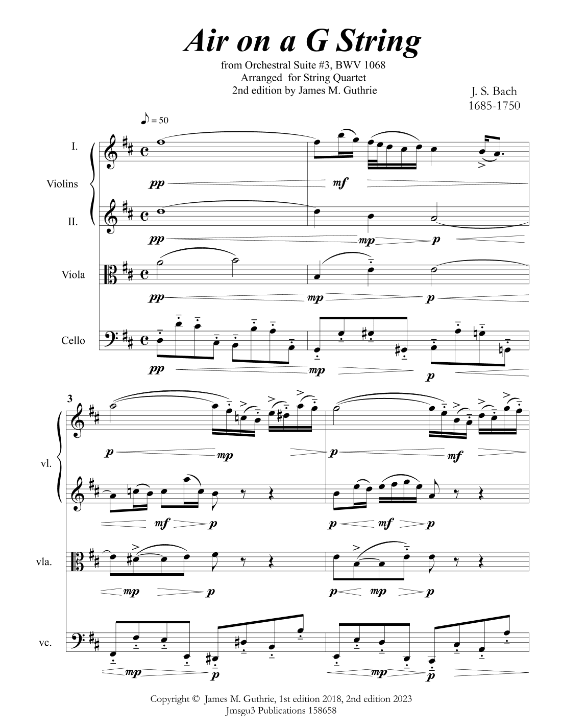 Bach: Air on a G String for String Quartet (arr. James M. Guthrie, ASCAP)