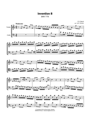 Invention No. 8, F Major for violin and cello (arr. K. Krantz)