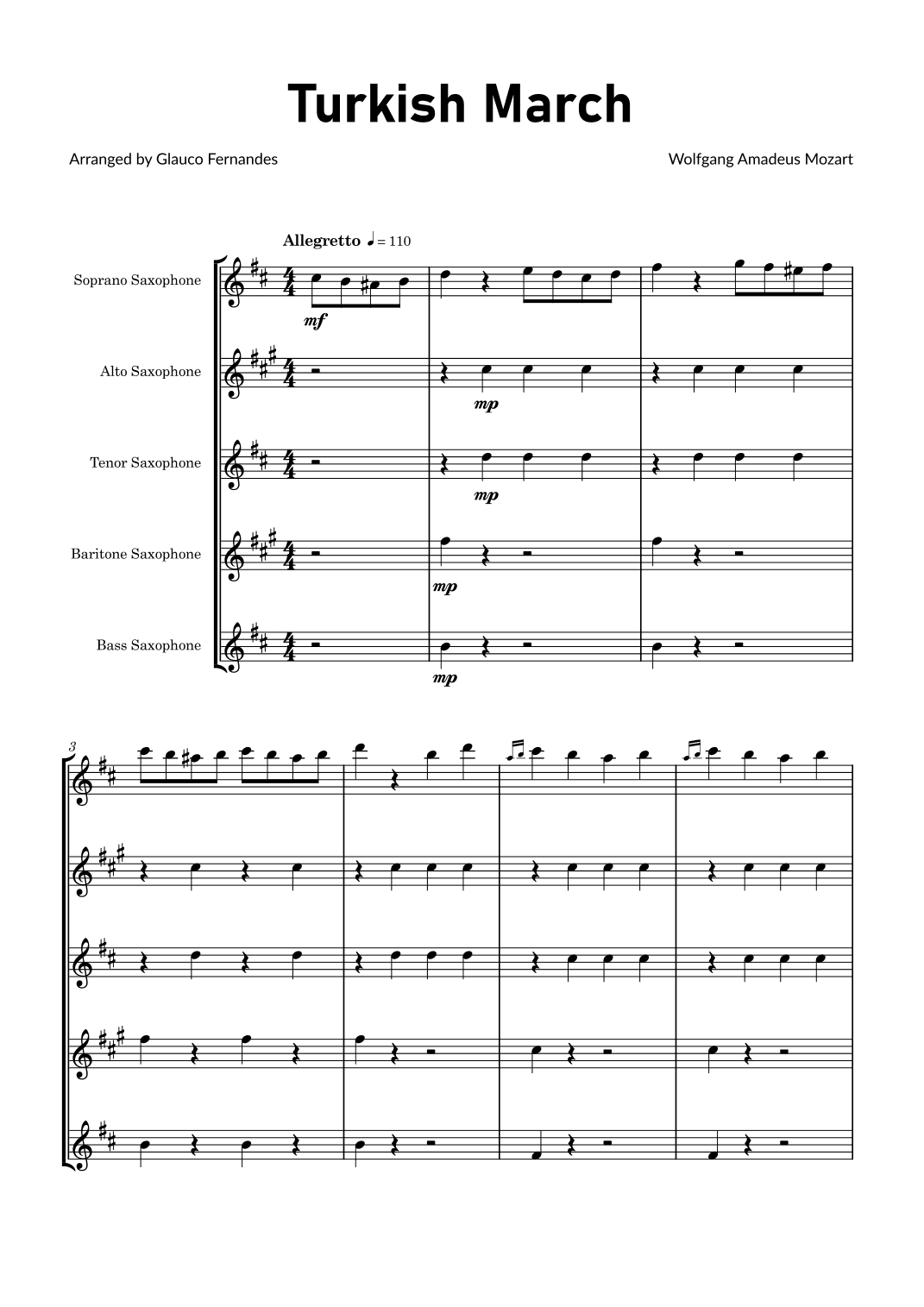 Turkish March by Mozart - Saxophone Quintet (arr. Glauco Fernandes)