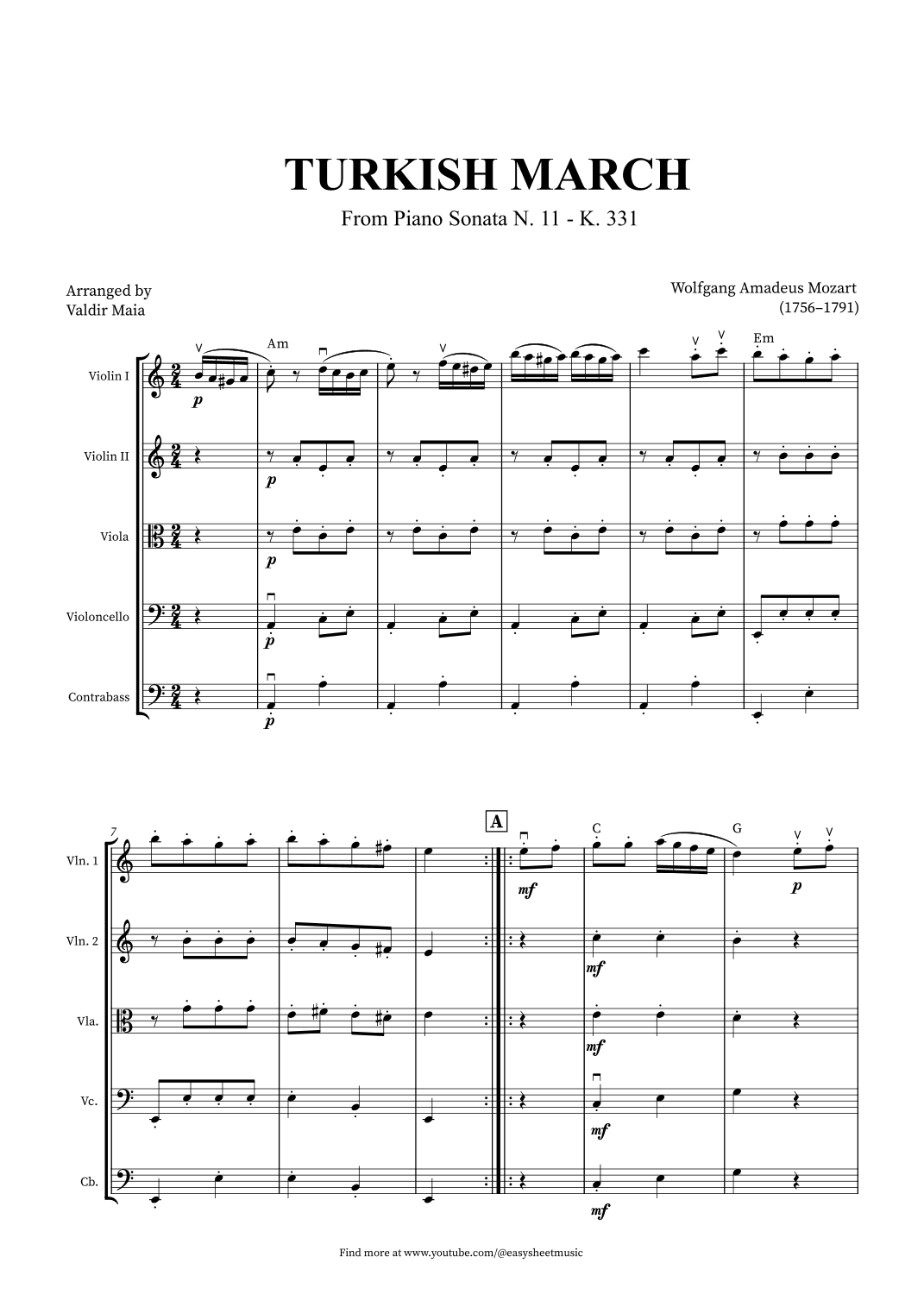 Turkish March - String Quintet + CHORDS (arr. Valdir Maia)